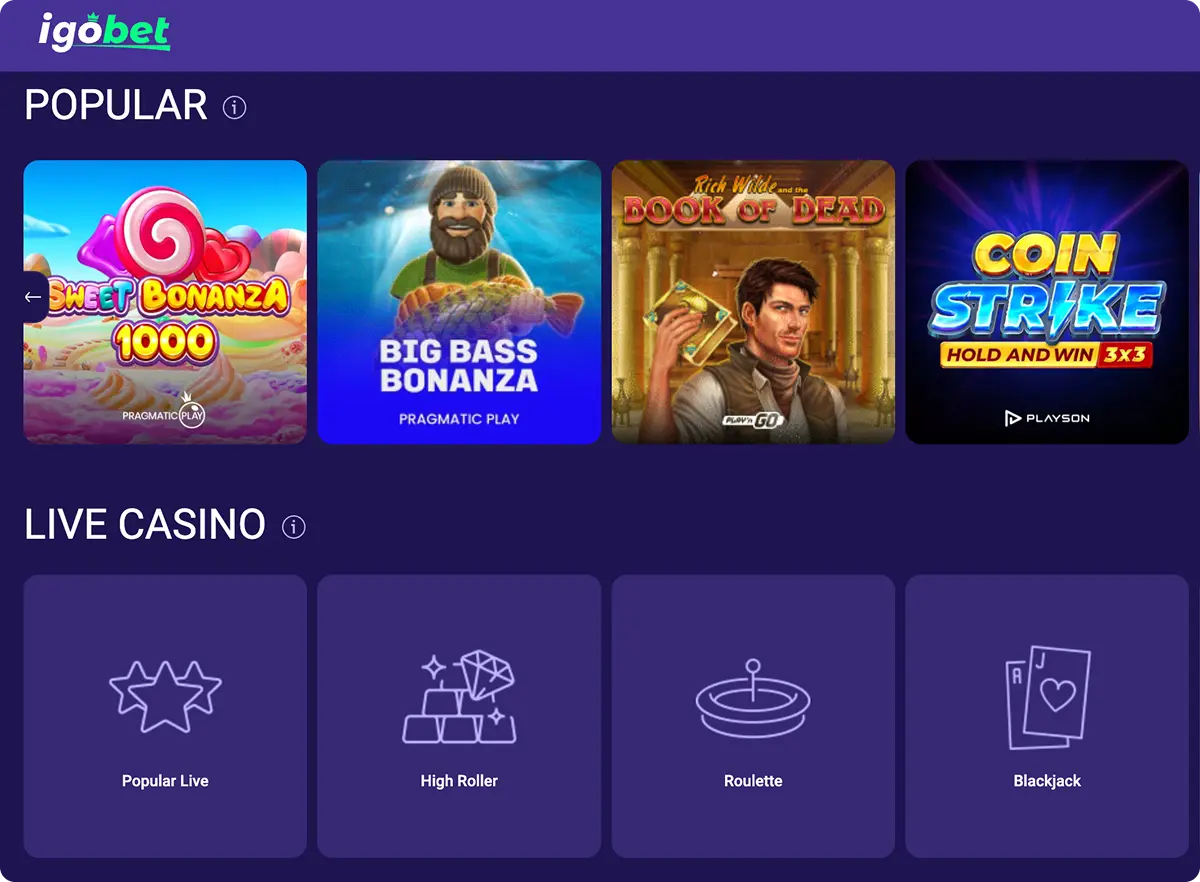 verzameling van spellen bij IgoBet Casino